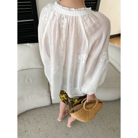 Light Oxygen Gentle 100 Ramie Stringy Selvedge Lace up Machine Embroidery Lantern Sleeve Shirt