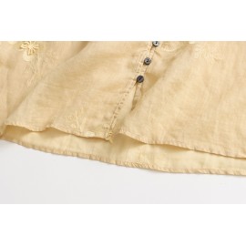 Light Oxygen Gentle 100 Ramie Stringy Selvedge Lace up Machine Embroidery Lantern Sleeve Shirt