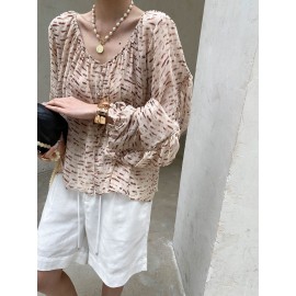 Fashionable Vacation Design Pattern V neck Loose Breathable Lantern Sleeve Shirt