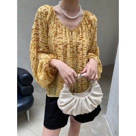 Fashionable Vacation Design Pattern V neck Loose Breathable Lantern Sleeve Shirt