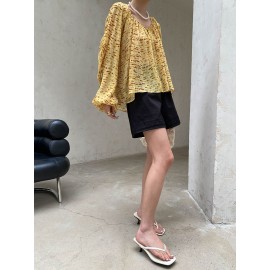 Fashionable Vacation Design Pattern V neck Loose Breathable Lantern Sleeve Shirt