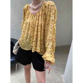 Fashionable Vacation Design Pattern V neck Loose Breathable Lantern Sleeve Shirt