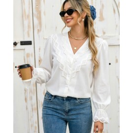 Early Autumn French White V neck Lace Shirt Women Summer High Grade Niche Shirt Long Sleeved Top
