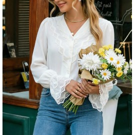 Early Autumn French White V neck Lace Shirt Women Summer High Grade Niche Shirt Long Sleeved Top