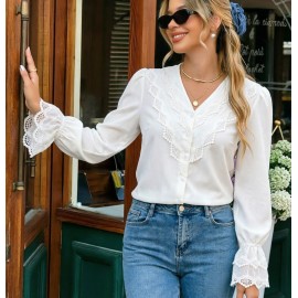Early Autumn French White V neck Lace Shirt Women Summer High Grade Niche Shirt Long Sleeved Top