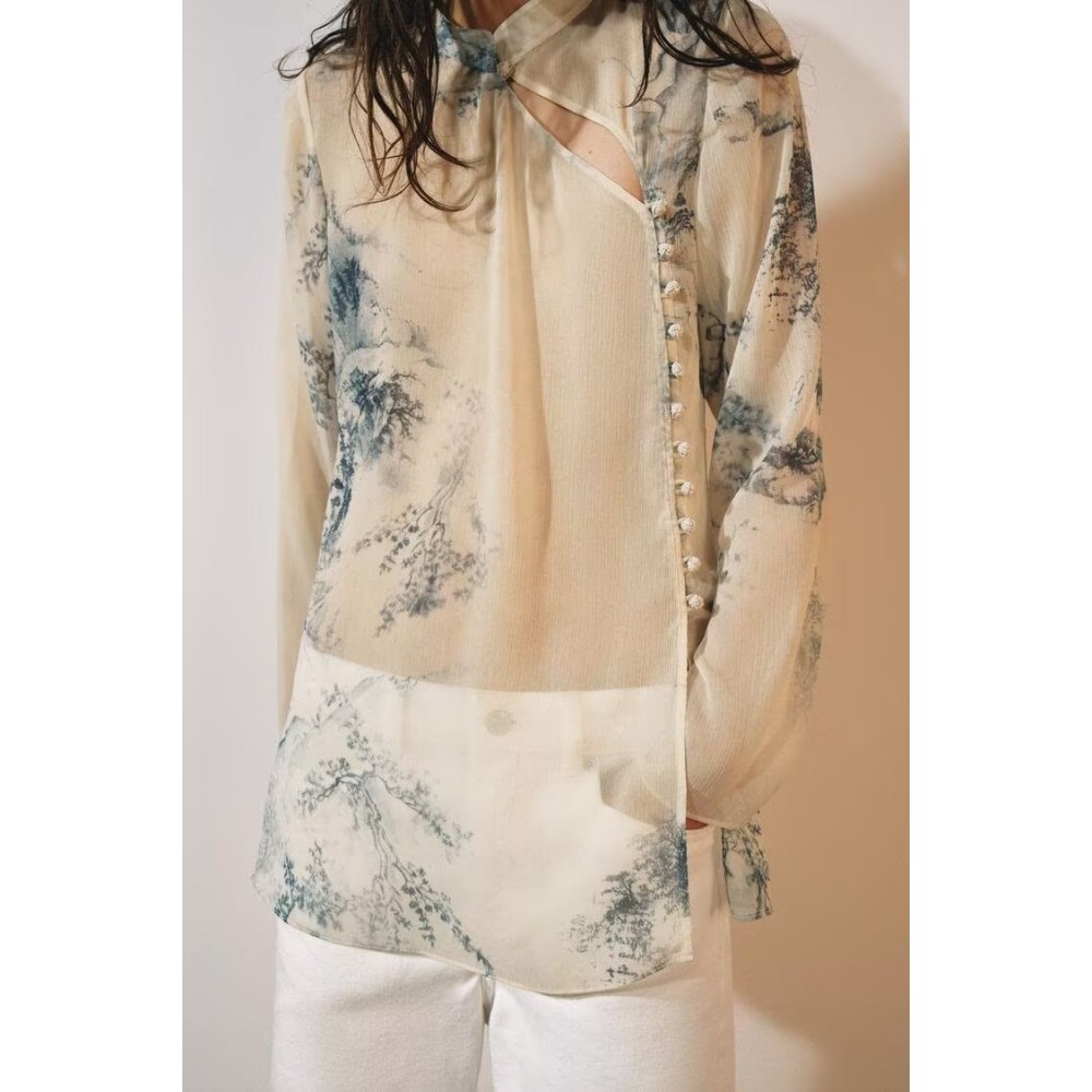 Women Elegant Printed Button Mid Length Shirt Top