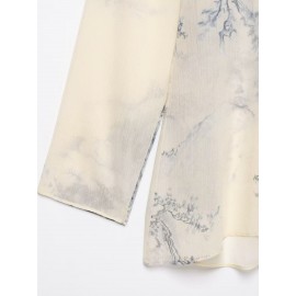 Women Elegant Printed Button Mid Length Shirt Top