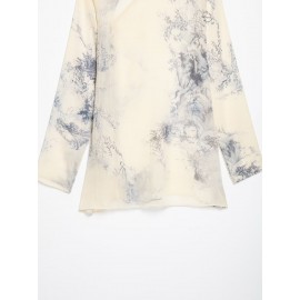 Women Elegant Printed Button Mid Length Shirt Top
