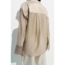 Women Clothing Summer Embroidered Pocket with Stand Collar Long Sleeve Shirt Top