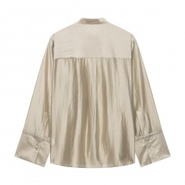 Women Clothing Summer Embroidered Pocket with Stand Collar Long Sleeve Shirt Top