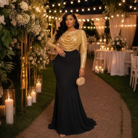 Women Clothes Dress Sequin round Neck Pleated Sequined Sheath Long Sleeve