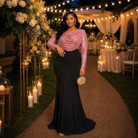 Women Clothes Dress Sequin round Neck Pleated Sequined Sheath Long Sleeve