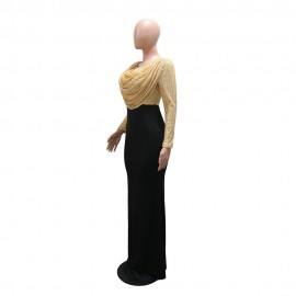 Women Clothes Dress Sequin round Neck Pleated Sequined Sheath Long Sleeve