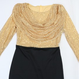 Women Clothes Dress Sequin round Neck Pleated Sequined Sheath Long Sleeve