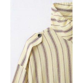 Women Clothing Autumn Vintage Stripe Collared Long Sleeve Coat