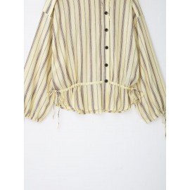 Women Clothing Autumn Vintage Stripe Collared Long Sleeve Coat