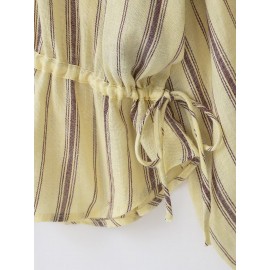 Women Clothing Autumn Vintage Stripe Collared Long Sleeve Coat