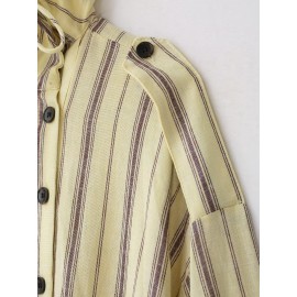 Women Clothing Autumn Vintage Stripe Collared Long Sleeve Coat