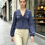 Autumn Wear French Minority Striped Shirt Women V neck Pleated Bow Puff Sleeve Date Elegant Top