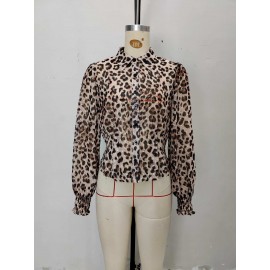 Women Top Leopard Print Collared Pleated Waist Tight Bubble Long Sleeve Shirt