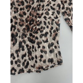 Women Top Leopard Print Collared Pleated Waist Tight Bubble Long Sleeve Shirt