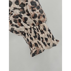 Women Top Leopard Print Collared Pleated Waist Tight Bubble Long Sleeve Shirt