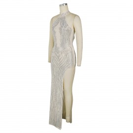 Women Elegant Halter Backless Split Drilling Dress