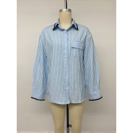 Autumn Winter Casual Relaxed Sense Shacket Striped Contrast Color Binding Loose Shirt Women