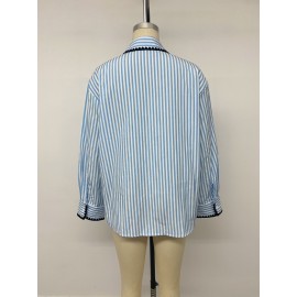 Autumn Winter Casual Relaxed Sense Shacket Striped Contrast Color Binding Loose Shirt Women