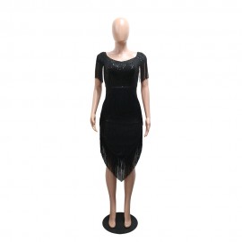 Fashionable Sexy off Shoulder Irregular Asymmetric Tassel Dress Sequin Small Dress
