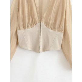 Early Autumn Long Sleeves French Sweet V neck Stitching Waist Seal Bishop Sleeves Top