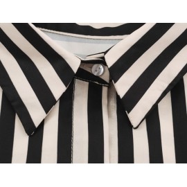 Women Clothing Early Autumn Long Sleeve Collared Patchwork Waistband Striped Shirt