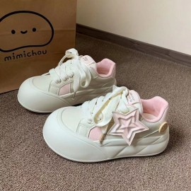 Women's Korean-Style Chunky Platform Sneakers - Korean Wave K-Footprint Lace-Up Low-Top White PU Cover Round-Toe Shoes with Thick Rubber Sole, Sheepskin for Autumn Winter, Cute Casual & Dressy Outfits (Comfortable)
