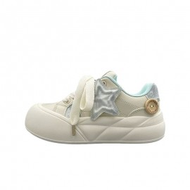 Women's Korean-Style Chunky Platform Sneakers - Korean Wave K-Footprint Lace-Up Low-Top White PU Cover Round-Toe Shoes with Thick Rubber Sole, Sheepskin for Autumn Winter, Cute Casual & Dressy Outfits (Comfortable)