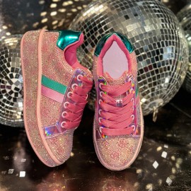 Women's Korean-Style Slip- Sneakers Suitable for - European Starry Sky Rhinestone Low-Top Round Toe Casual Shoes, Soft PVC & Cushioned Insole, Trendy Color Block for Parties, Daily Wear, Year-Round Outfits (Comfortable), Women Shoes
