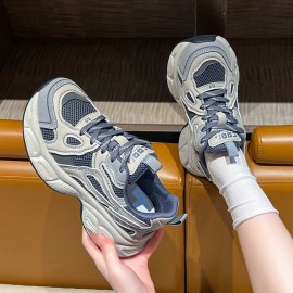 Soft-Soled Comfortable Dad Sneakers | Women'S Thick-Soled Height-Increasing Versatile Sports Shoes with EVA and Fabric Upper, PVC and Sole, Lace-up Closure, Solid Color, Plain Toe, Low Top, All-Season