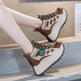 Inner Height Increase Women'S High-top Casual Sneakers | New Versatile Thick-soled Dad Shoes, Lace-up Closure, Solid Color, Superfine Fiber Upper and Insole, Rubber Sole, All-season Use