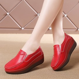 Women's Plus Size Korean K-Style Slip-On Sneakers with Genuine Wedge Platform - Korean Wave Inspired (K-Drama) T-Bar & Fringe Accent Shoes, Round Toe Low-Top Casual Comfort for Casual Attire, All-Season (Black)