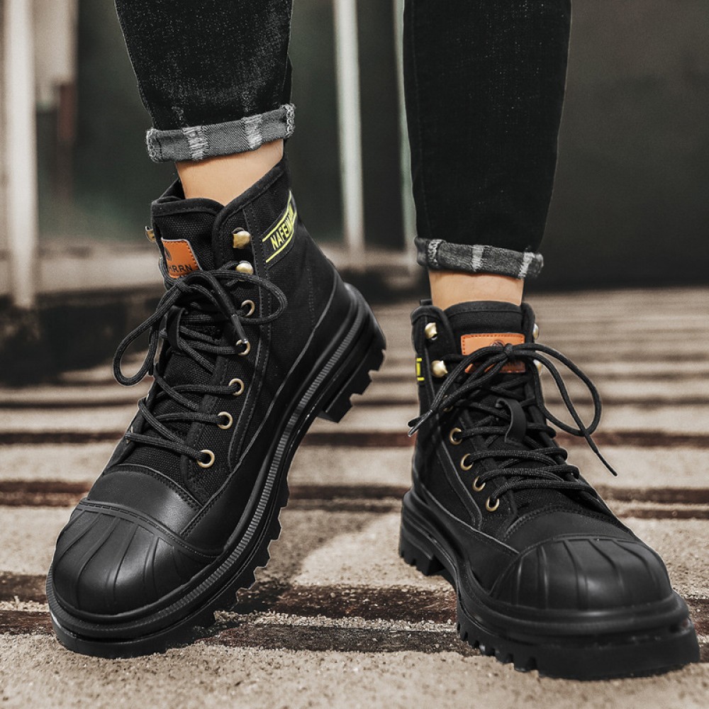 Men's Heavy-Duty Winter Work Boots - Shell Toe Anti-Collision, High-Top Ankle, PU -like Canvas Upper & PU Sole, - Rugged Outdoor Boots for,, Casual (Black/Golden) - Lace-Up
