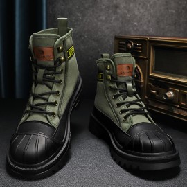 Men's Heavy-Duty Winter Work Boots - Shell Toe Anti-Collision, High-Top Ankle, PU -like Canvas Upper & PU Sole, - Rugged Outdoor Boots for,, Casual (Black/Golden) - Lace-Up