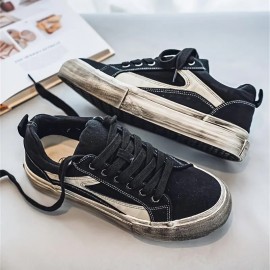 Men's Vintage Distressed Black & White Low-Top Canvas Sneakers - Retro Streetwear Lace-Up Shoes with Durable Rubber Sole & Cushioning, Round Toe Casual Wear Suitable for - (Aged Black/White)