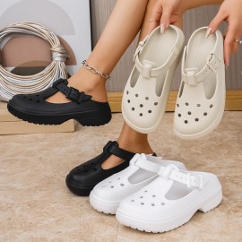 Women's Mary Jane Wooden Sole Shoes- White/Easy Clean Black/Beige/Brown/White Available Colors- Round Toe Buckle Design Convenient Slip-On Shoes with Cushioned Insole, Suitable for Home, Beach, Office, Casual Wear- All-Season Shoes, Women's Shoes,