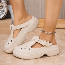 Women's Mary Jane Wooden Sole Shoes- White/Easy Clean Black/Beige/Brown/White Available Colors- Round Toe Buckle Design Convenient Slip-On Shoes with Cushioned Insole, Suitable for Home, Beach, Office, Casual Wear- All-Season Shoes, Women's Shoes,
