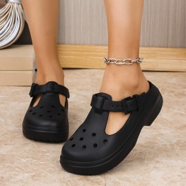 Women's Mary Jane Wooden Sole Shoes- White/Easy Clean Black/Beige/Brown/White Available Colors- Round Toe Buckle Design Convenient Slip-On Shoes with Cushioned Insole, Suitable for Home, Beach, Office, Casual Wear- All-Season Shoes, Women's Shoes,