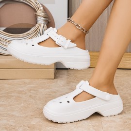 Women's Mary Jane Wooden Sole Shoes- White/Easy Clean Black/Beige/Brown/White Available Colors- Round Toe Buckle Design Convenient Slip-On Shoes with Cushioned Insole, Suitable for Home, Beach, Office, Casual Wear- All-Season Shoes, Women's Shoes,