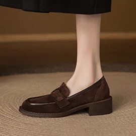 Women's Genuine Sheepskin Loafers with Thick Mid-Heel & Fringe Detail - Round Toe Korean Style, Sole & Outsole - Hand Washable (Compatible with Korean Fashion), Women Shoes
