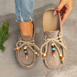 Women's Anti-Slip Arch Support Moccasin Style Shoes- Round Toe Winter Casual Boots, Beige Beaded Fabric Upper, Soft Fabric Inner Lining and PU Bottom, Brown/Beige/Red/Black/Yellow Beads, Suitable for Daily Wear, Hand Washable- Can Be Paired with Pant