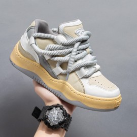 Men'S & Women'S Chunky Platform Sneakers - Korean Retro Style Wide Width Shoes with Thick EVA Sole, Low-Top Round Toe & Lace-Up Closure, /Pink Colorway - All-Match Casual Footwear for Spring/Autumn, Versatile for Everyday & Statement Outfits