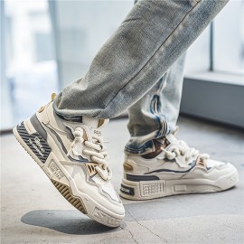 Men's White Sneakers with Thick-Soled Cushioned - Breathable Fabric Upper & Sole, Lace-Up Mid-Top Casual Shoes Suitable for Students, Casual Attire, -