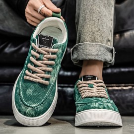 Men's Vintage Sneakers Low-Top Canvas Shoes - Classic American Retro Plaid & Solid Color Lace-Up Round Toe Casual Athletic Wear, Breathable Sole Skate Shoes for Streetwear ( Cushioning) - Versatile Footwear Kicks for